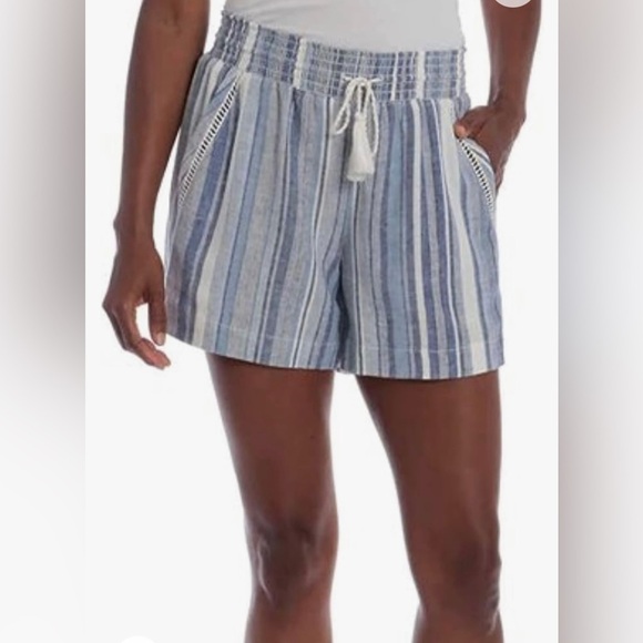 Briggs linen blend shorts elastic waistband blue and white striped size L - Picture 8 of 10